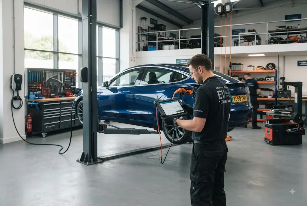 EV servicing and electric vehicle maintenance in a UK automotive workshop