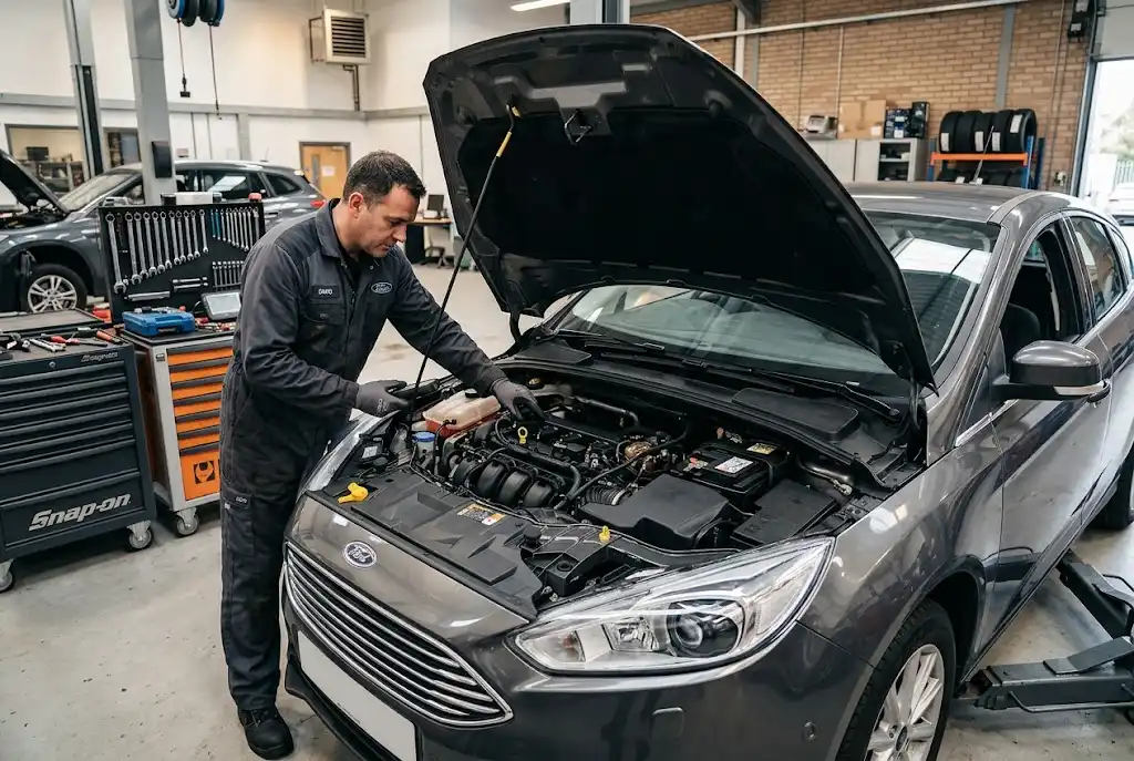 Ford Service: UK Guide to Costs and Maintenance Ford service inspection and maintenance at a UK automotive workshop
