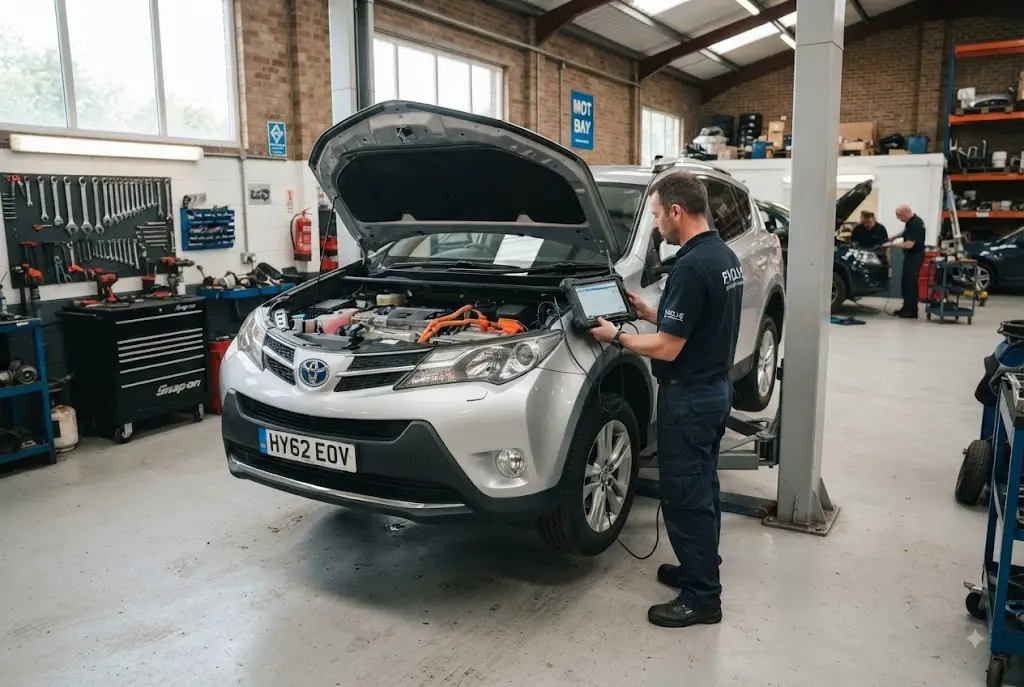 Hybrid servicing in a professional UK automotive workshop