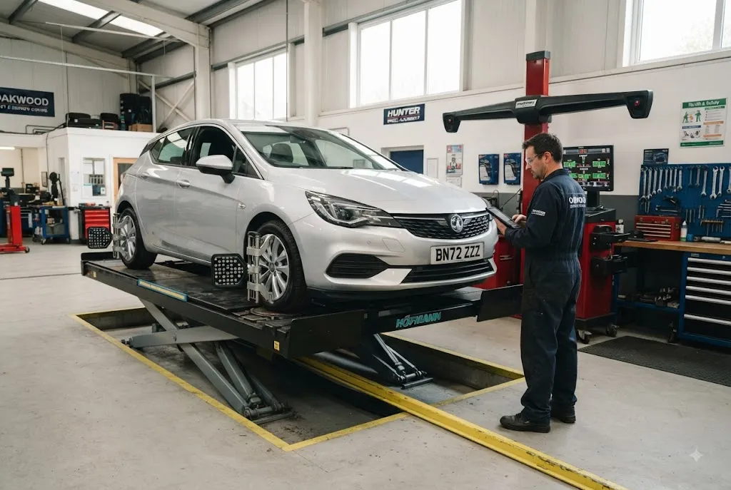 Wheel alignment being checked on a car in a UK automotive workshop