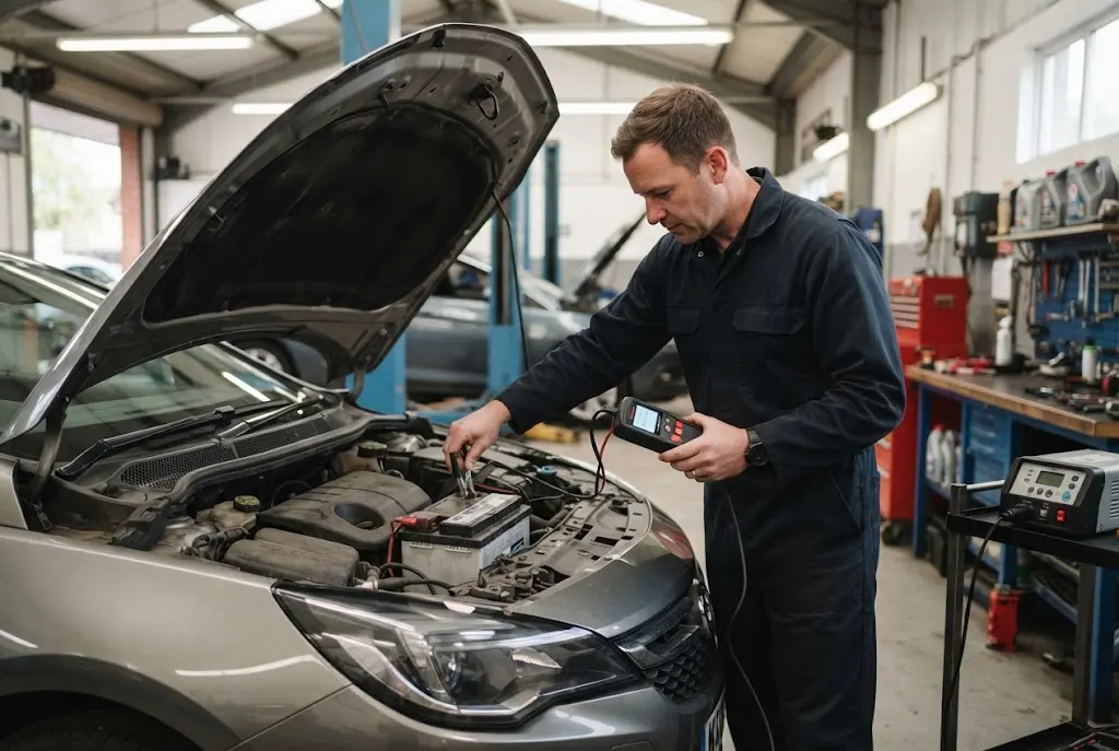 Professional auto battery service and battery testing in a UK garage