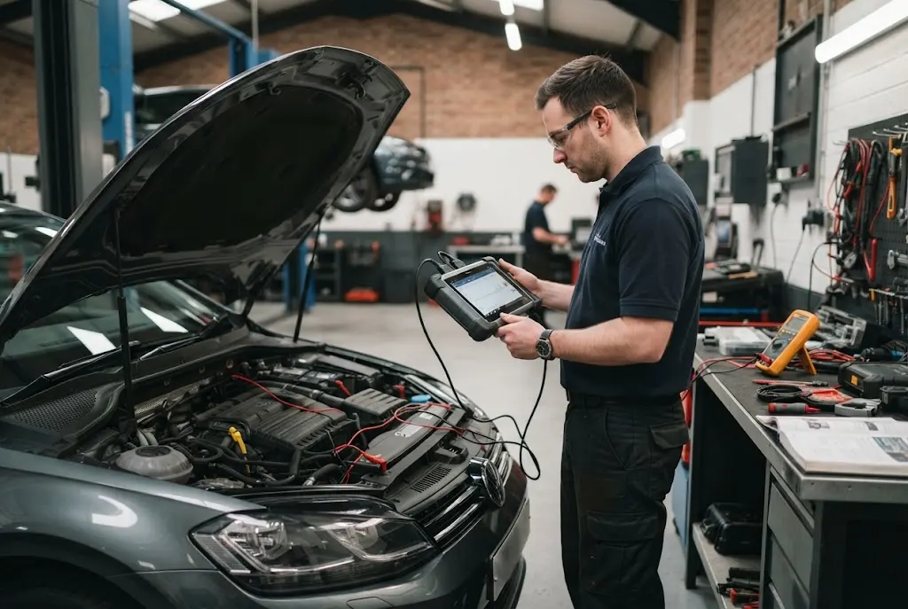 Professional auto electrical services diagnosing a vehicle in a UK garage