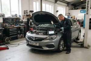 Professional auto inspection services for a vehicle in a UK garage