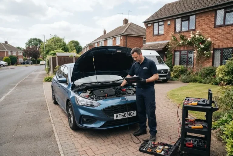 Mobile auto service with a professional mechanic servicing a vehicle