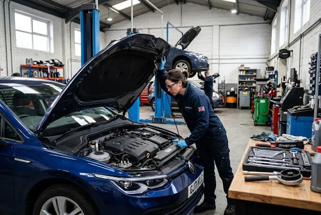 Vehicle Maintenance Guide for UK Drivers Vehicle maintenance checks being carried out on a modern car in a UK workshop