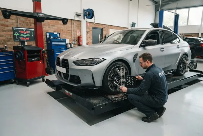 Wheel alignment service checking vehicle steering and tyre positioning