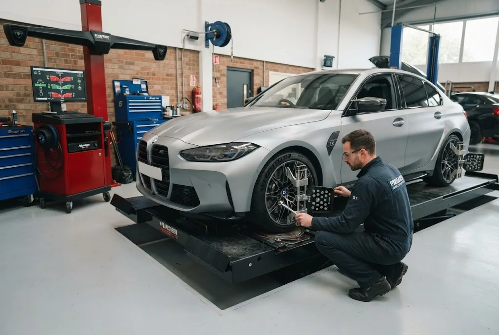 Wheel alignment service checking vehicle steering and tyre positioning