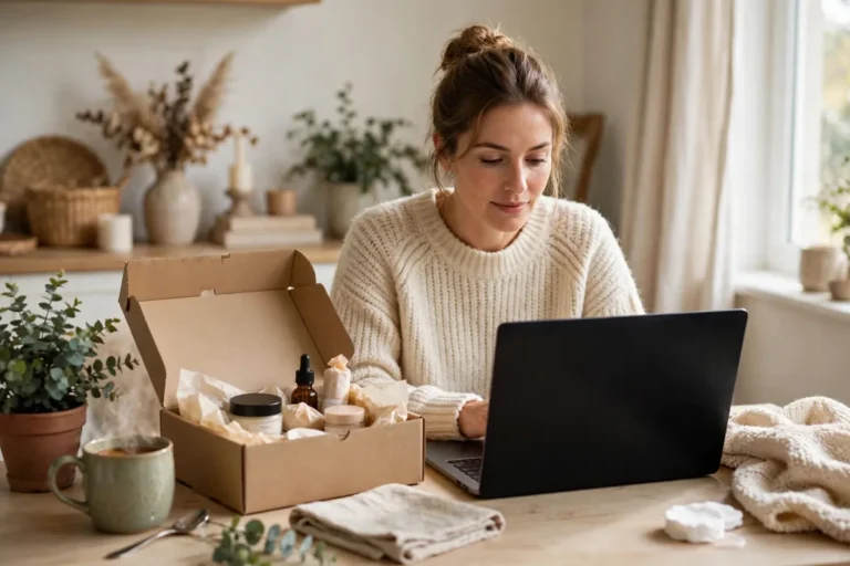 beauty bay reviews – a UK shopper reading online beauty retailer reviews at home with a parcel of beauty products