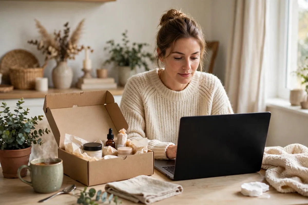 beauty bay reviews – a UK shopper reading online beauty retailer reviews at home with a parcel of beauty products